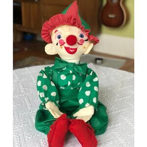 Vintage Handmade Smiling Clown Plush Embroidered Face Felt Shoes Large Cute
